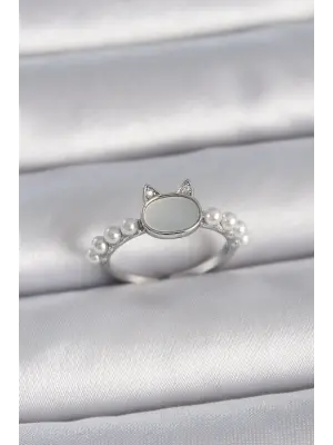 Gümüş Ayarlanabilir Beyaz Mineli Kedi Model İnci Detay Çelik Yüzük
