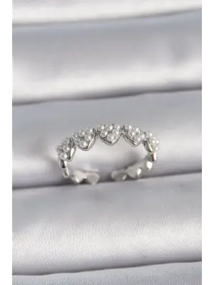  Gümüş Ayarlanabilir İncili Kalp Model Çelik Yüzük