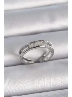  Gümüş Ayarlanabilir Sıralı İncili Zirkon Taşlı Çelik Yüzük