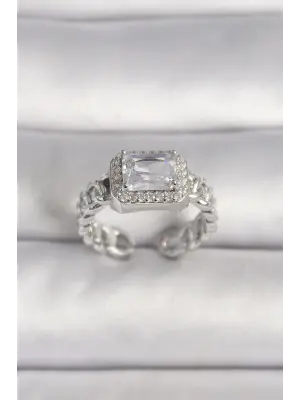  Gümüş Ayarlanabilir Zincir Kare Zirkon Taşlı Çelik Yüzük