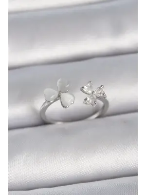  Gümüş Ayarlanabilir Zirkon Taşlı Beyaz Mineli Kalp Model Çelik Yüzük