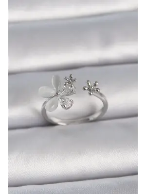  Gümüş Ayarlanabilir Zirkon Taşlı Beyaz Mineli Yaprak Model Çelik Yüzük