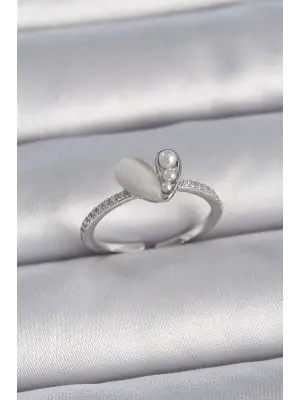  Gümüş Ayarlanabilir Zirkon Taşlı İncili Beyaz Mineli Kalp Model Çelik Yüzük