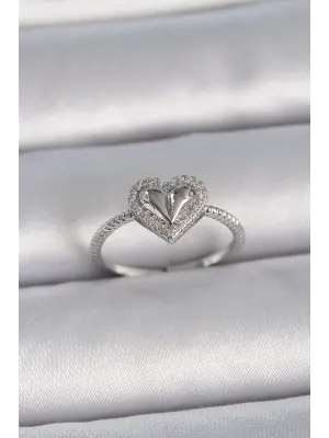  Gümüş Ayarlanabilir Zirkon Taşlı Kalp Model Çelik Yüzük