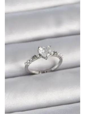  Gümüş Ayarlanabilir Zirkon Taşlı Kalp Model Sıralı İnci Detay Çelik Yüzük