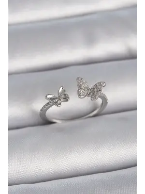  Gümüş Ayarlanabilir Zirkon Taşlı Kelebek Model Çelik Yüzük