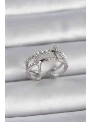  Gümüş Ayarlanabilir Zirkon Taşlı Kutup Yıldız İnci Detay Çelik Yüzük