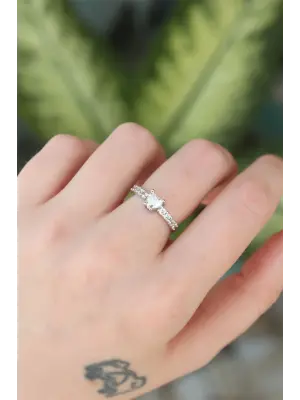  Gümüş Ayarlanabilir Zirkon Taşlı Minimal Kalp Yüzük