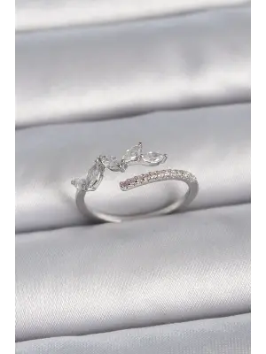  Gümüş Ayarlanabilir Zirkon Taşlı Yaprak Model Çelik Yüzük