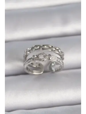  Gümüş Ayarlanabilir Zirkon Taşlı Zincir Model Çelik Yüzük