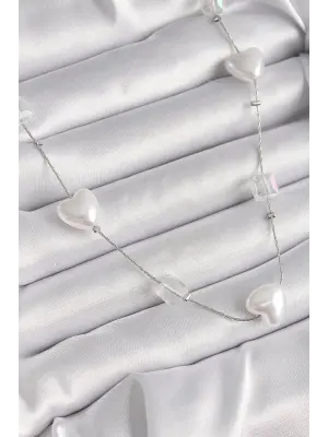 Pirinç Gümüş  Beyaz İnci Kalp Model  Çelik Kolye