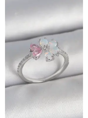 Pirinç Gümüş Renk Beyaz Mineli Pembe Zirkon Taşlı Çiçek Model Kadın Yüzük