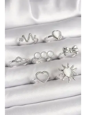 Pirinç Gümüş Renk Beyaz Sedefli Kalp Figür Kurdele Detay Kadın Yüzük Kombini