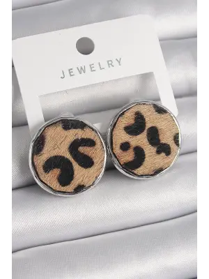  Gümüş Daire Plaka Model Leopar Desenli Çelik Küpe