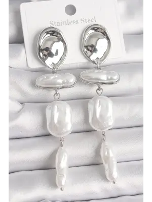  Gümüş Daire Plaka Sallantı Ezme İnci Model Çelik Küpe