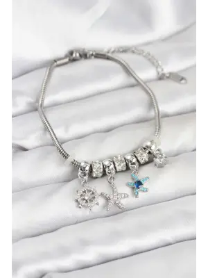 Çelik Gümüş Renk Deniz Tema Charmlı Kadın Bileklik