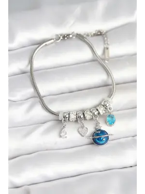 Pirinç Gümüş Renk Dünya Charmlı Kadın Bileklik