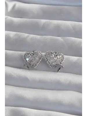  Gümüş Fiyonk Detay İncili Zirkon Taşlı Kalp Küpe