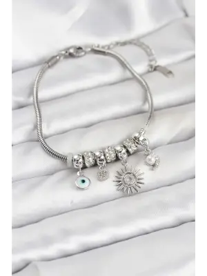 Çelik Gümüş Renk Güneş Charmlı Kadın Bileklik