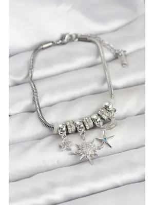 Çelik Gümüş Renk Güneş Tema Charmlı Kadın Bileklik