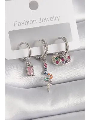  Gümüş Halka Model Renkli Zirkon Taşlı Yılan Figür Çelik Küpe