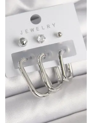  Gümüş Halka Model Zirkon Taşlı Topçuk Detay Çelik Küpe Seti