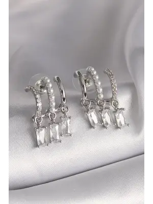  Gümüş İnci Detay Sallantı Zirkon Taşlı Çelik Küpe