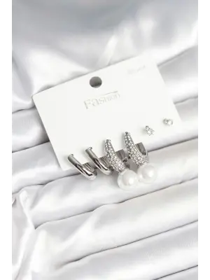 Pirinç Gümüş Renk İncili 925 Ayar Gümüş Çivi Kadın Küpe Seti