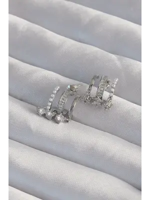  Gümüş İncili Çoklu Zirkon Taşlı Yarım Halka Küpe