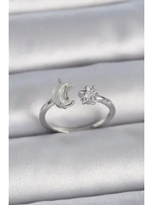  Gümüş İncili Hilal Zirkon Taşlı Yıldız Ayarlanabilir Çelik Yüzük