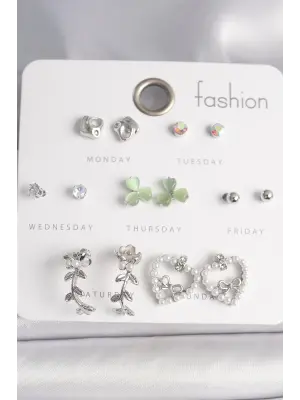  Gümüş İncili Kalp Çiçek Figür Kurdela Detay 7 Çift Çelik Küpe Seti