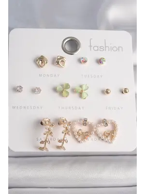  Gümüş İncili Kalp Figür Kurdela Detay 7 Çift Çelik Küpe Seti