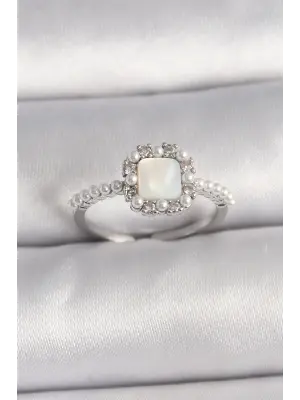  Gümüş İncili Kare Beyaz Mineli Ayarlanabilir Çelik Yüzük