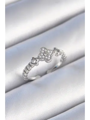  Gümüş İncili Yonca Model Zirkon Taş Detaylı Çelik Yüzük