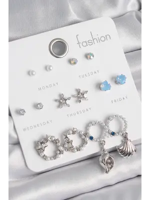 Pirinç Gümüş Renk İncli Zirkon Taşlı Halka Figür Yıldız Detay 7 Çift Kadın Küpe Seti