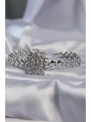 Pirinç Gümüş Renk İri Zirkon Taşlı Çiçek Figürlü Bileklik