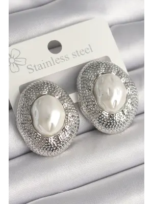  Gümüş İşleme Detaylı İncili Daire Model Çelik Küpe