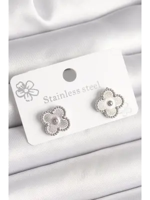 Pirinç Gümüş Renk İşlemeli Yonca Model Kadın Küpe