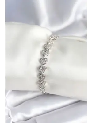 Pirinç Gümüş Renk Kalp Model Kadın Bileklik