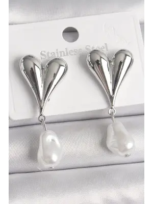  Gümüş Kalp Model Sallantı İnci Detay Çelik Küpe