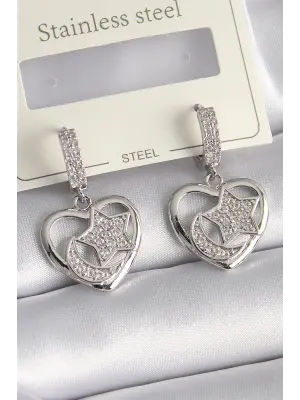  Gümüş Kalp Model Zirkon Taşlı Ay Yıldız İşlemeli Çelik Küpe