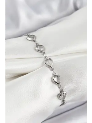 Pirinç Gümüş Renk Kalp Zirkon Taşlı Kadın Bileklik