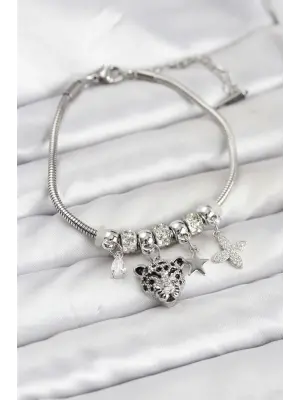 Çelik Gümüş Renk Kaplan Model Charmlı Kadın Bileklik