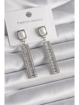  Gümüş Kare İnci Zirkon Taşlı Su Yolu Model Çelik Küpe