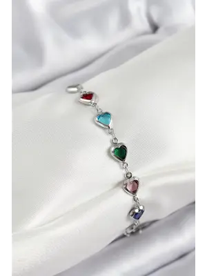 Pirinç Gümüş Renk Karışık Renk Kalp Zirkon Taşlı Kadın Bileklik