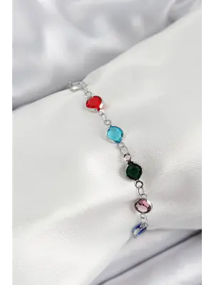 Pirinç Gümüş Renk Karışık Renk Zirkon Taşlı Kadın Bileklik