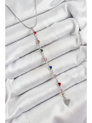 Pirinç Gümüş Renk Karışık Renk Zirkon Taşlı Kalpli Y Kadın Kolye