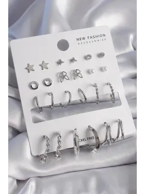  Gümüş Kelebek Detaylı 12 Çift Çelik Küpe Seti