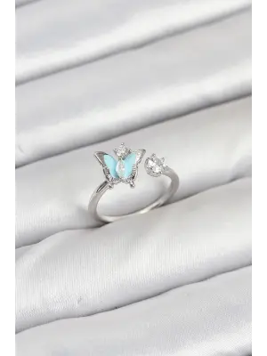 Pirinç Gümüş Renk Kelebek Model Kadın Yüzük