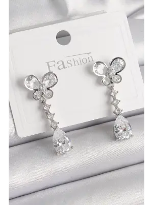  Gümüş Kelebek Model Sallantı Damla Zirkon Taşlı Çelik Küpe